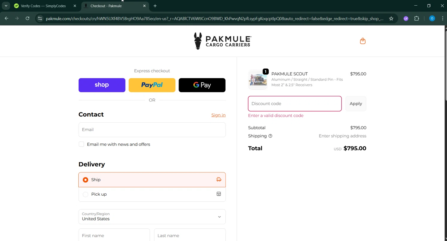 PAKMULE coupon code screenshot showing code PAKMULE50 applied at PAKMULE checkout page. Uploaded by SimplyCodes community member RoyalSage9159 on Nov 20, 2025