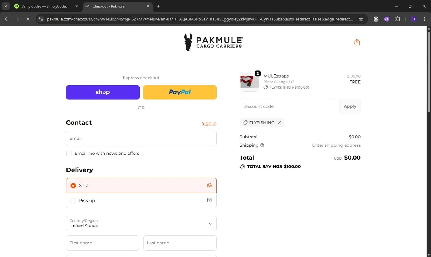 PAKMULE coupon code screenshot showing code FLYFISHING applied at PAKMULE checkout page. Uploaded by SimplyCodes community member Obito6245825041527 on Dec 23, 2025