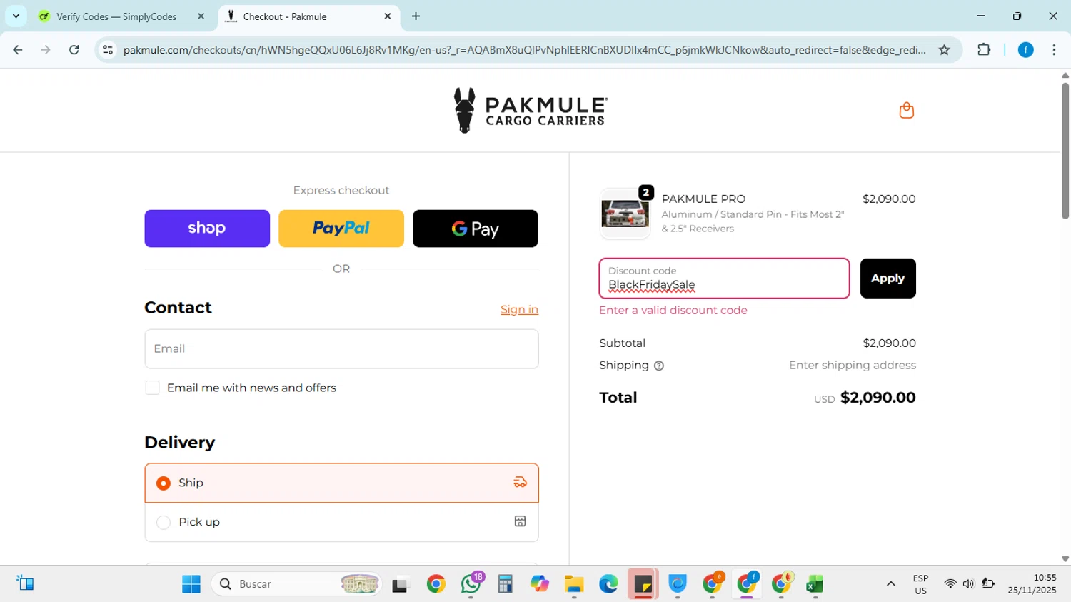 PAKMULE coupon code screenshot showing code BlackFridaySale applied at PAKMULE checkout page. Uploaded by SimplyCodes community member FRANCYCASERES12 on Nov 25, 2025