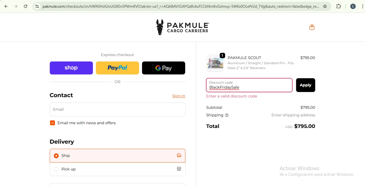 PAKMULE coupon code screenshot showing code BlackFridaySale applied at PAKMULE checkout page. Uploaded by SimplyCodes community member SilverKnight4465 on Nov 25, 2025