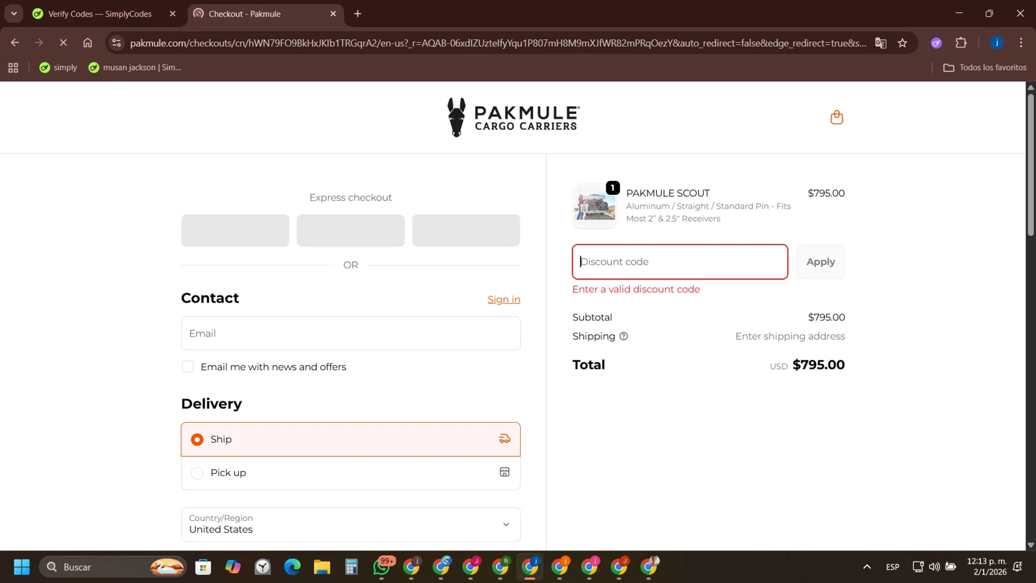 PAKMULE coupon code screenshot showing code CLOSEOUT15 applied at PAKMULE checkout page. Uploaded by SimplyCodes community member yameteqdasai on Jan 2, 2026