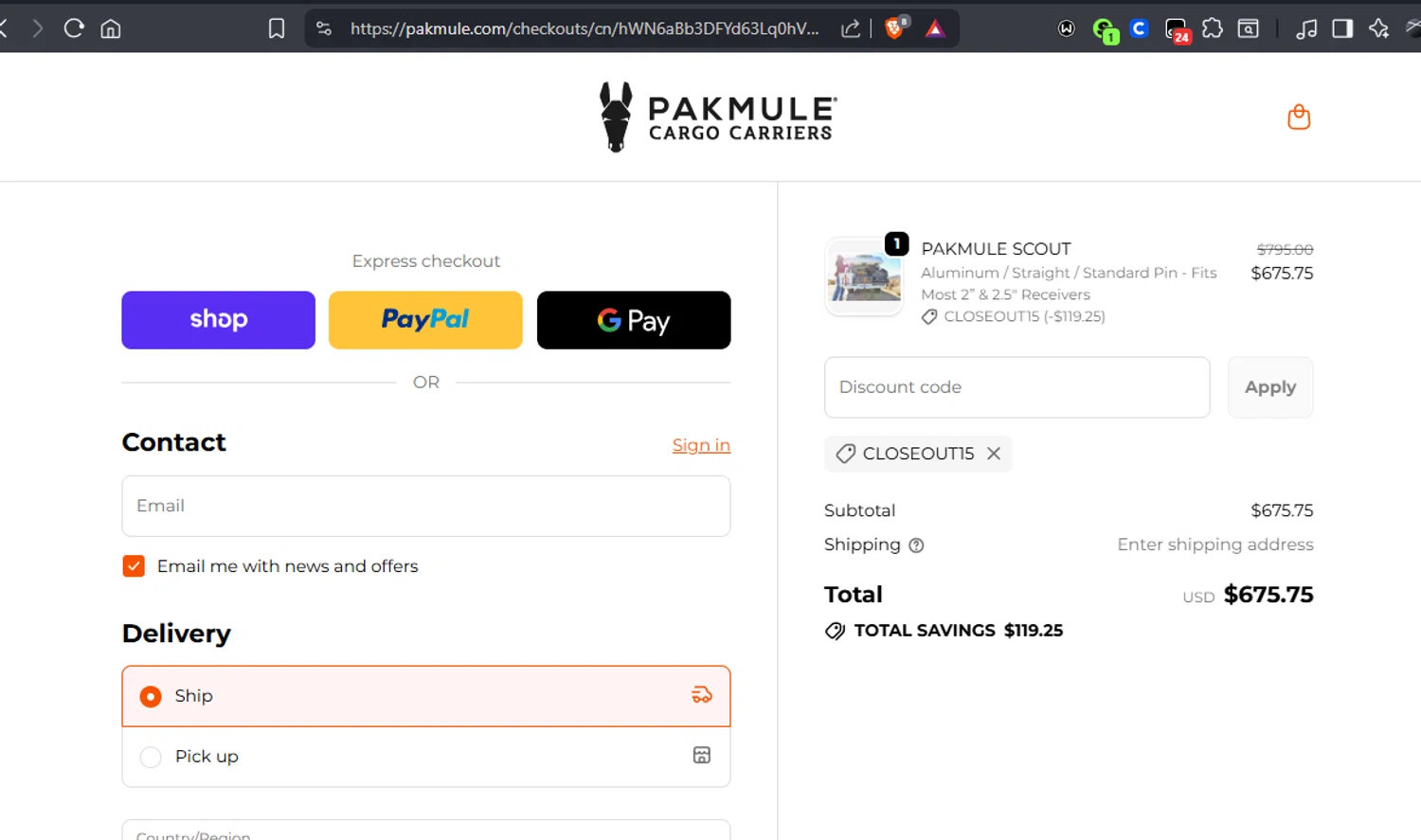 PAKMULE coupon code screenshot showing code CLOSEOUT15 applied at PAKMULE checkout page. Uploaded by SimplyCodes community member Jmhernand1 on Dec 18, 2025