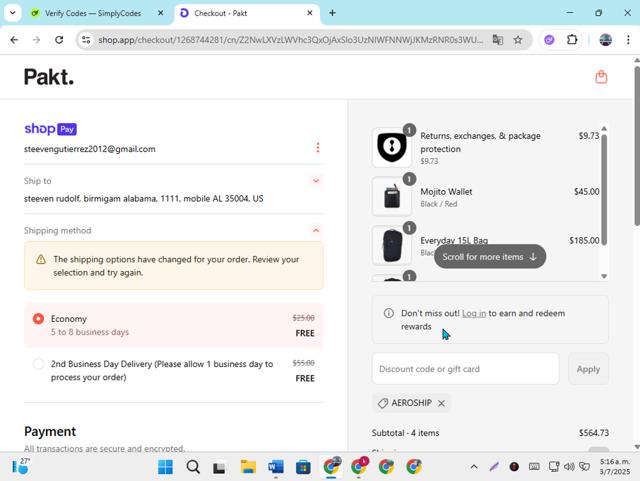 Pakt checkout page showing Pakt discount code box | Screenshot taken by SimplyCodes community member on Jul 3, 2025