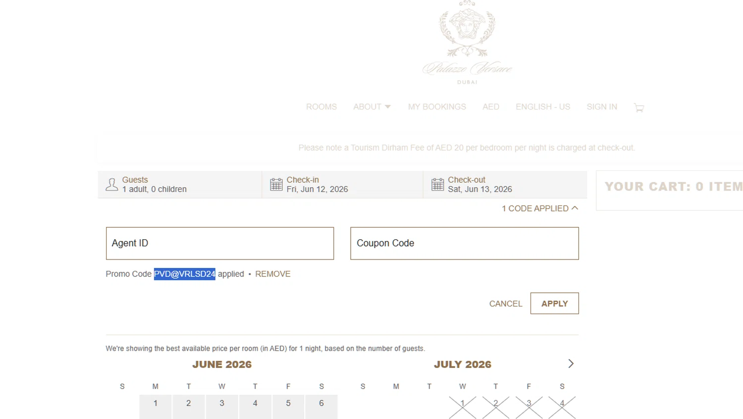 Palazzo Versace Dubai promo code screenshot showing code PVD@VRLSD24 applied at Palazzo Versace Dubai checkout page. Uploaded by SimplyCodes community member Dejadepicharme on Jun 12, 2026