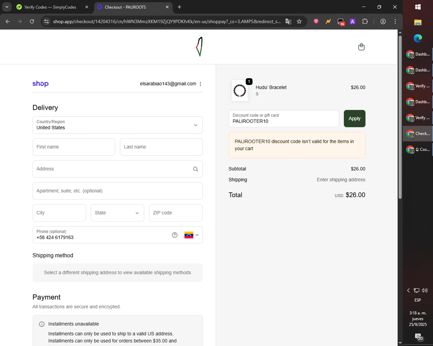 PaliRoots discount code screenshot showing code PALIROOTER10 applied at PaliRoots checkout page. Uploaded by SimplyCodes community member Cynoxx on Sep 25, 2025