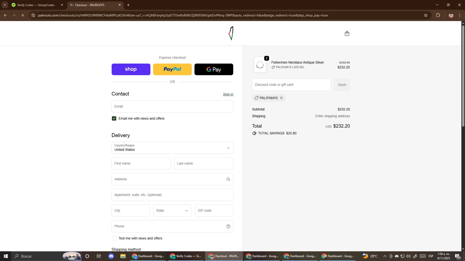 PaliRoots discount code screenshot showing code PALIFAM10 applied at PaliRoots checkout page. Uploaded by SimplyCodes community member El_mynor on Nov 9, 2025