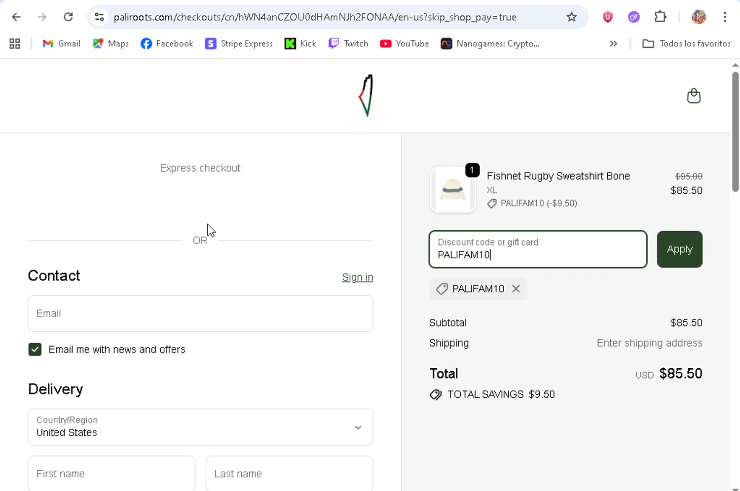 PaliRoots discount code screenshot showing code PALIFAM10 applied at PaliRoots checkout page. Uploaded by SimplyCodes community member ronaldhernandez on Oct 27, 2025