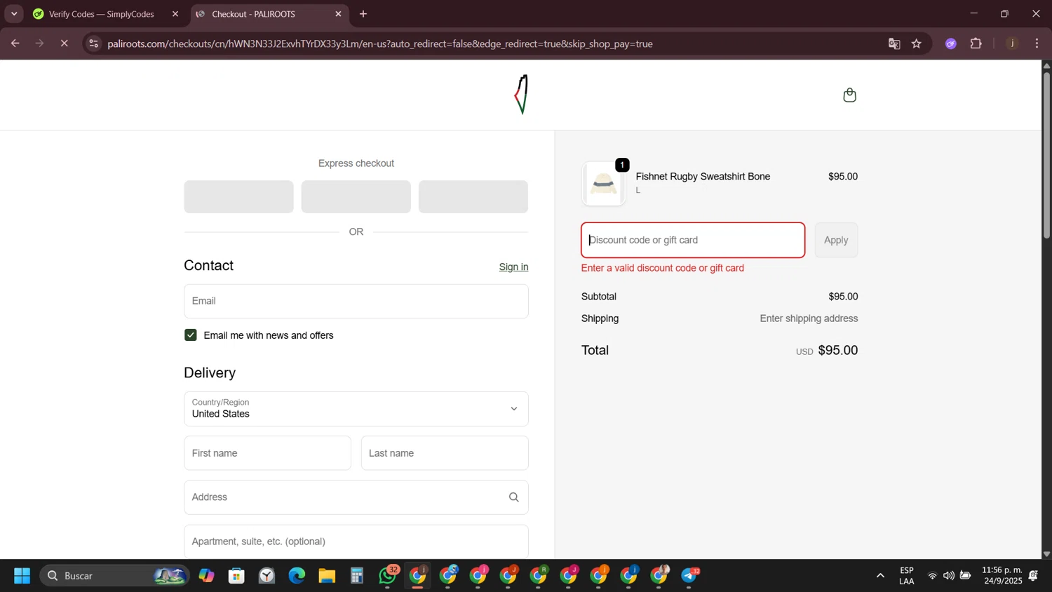 PaliRoots discount code screenshot showing code FLAG20 applied at PaliRoots checkout page. Uploaded by SimplyCodes community member VictoriousVirtuoso7711 on Sep 25, 2025
