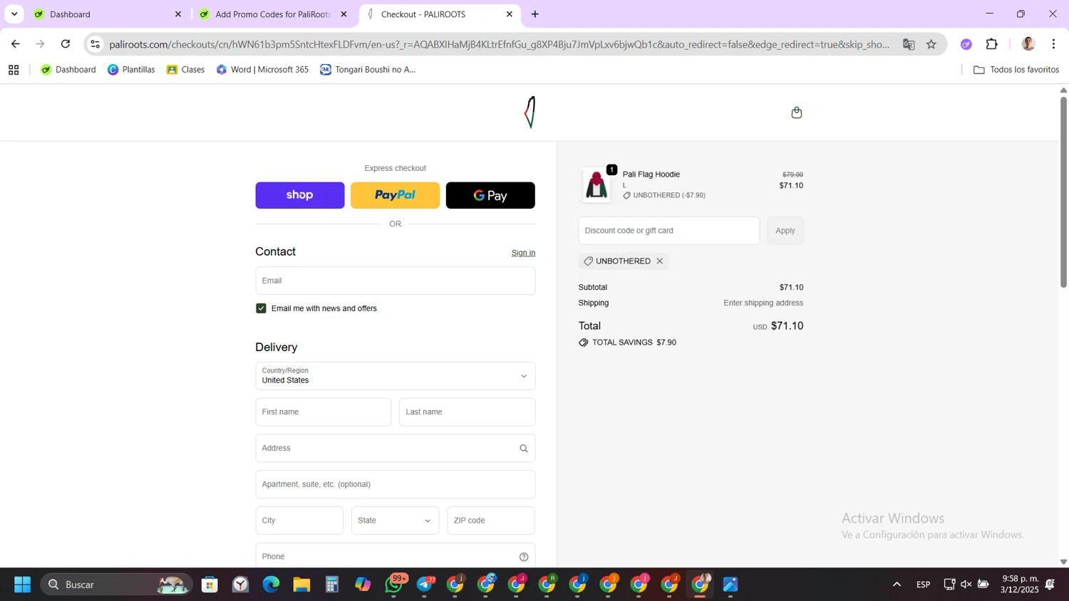 PaliRoots discount code screenshot showing code UNBOTHERED applied at PaliRoots checkout page. Uploaded by SimplyCodes community member FernandoLetex on Dec 4, 2025