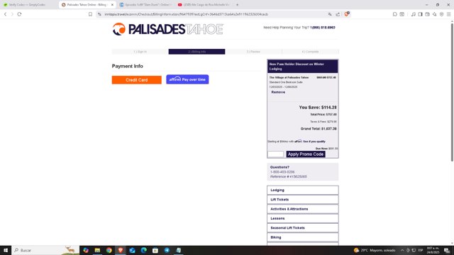 Palisades Tahoe checkout page showing Palisades Tahoe promo code box | Screenshot taken by SimplyCodes community member on Aug 24, 2025