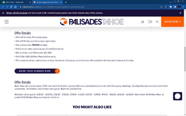 Palisades Tahoe checkout page showing Palisades Tahoe promo code box | Screenshot taken by SimplyCodes community member on Jul 30, 2025
