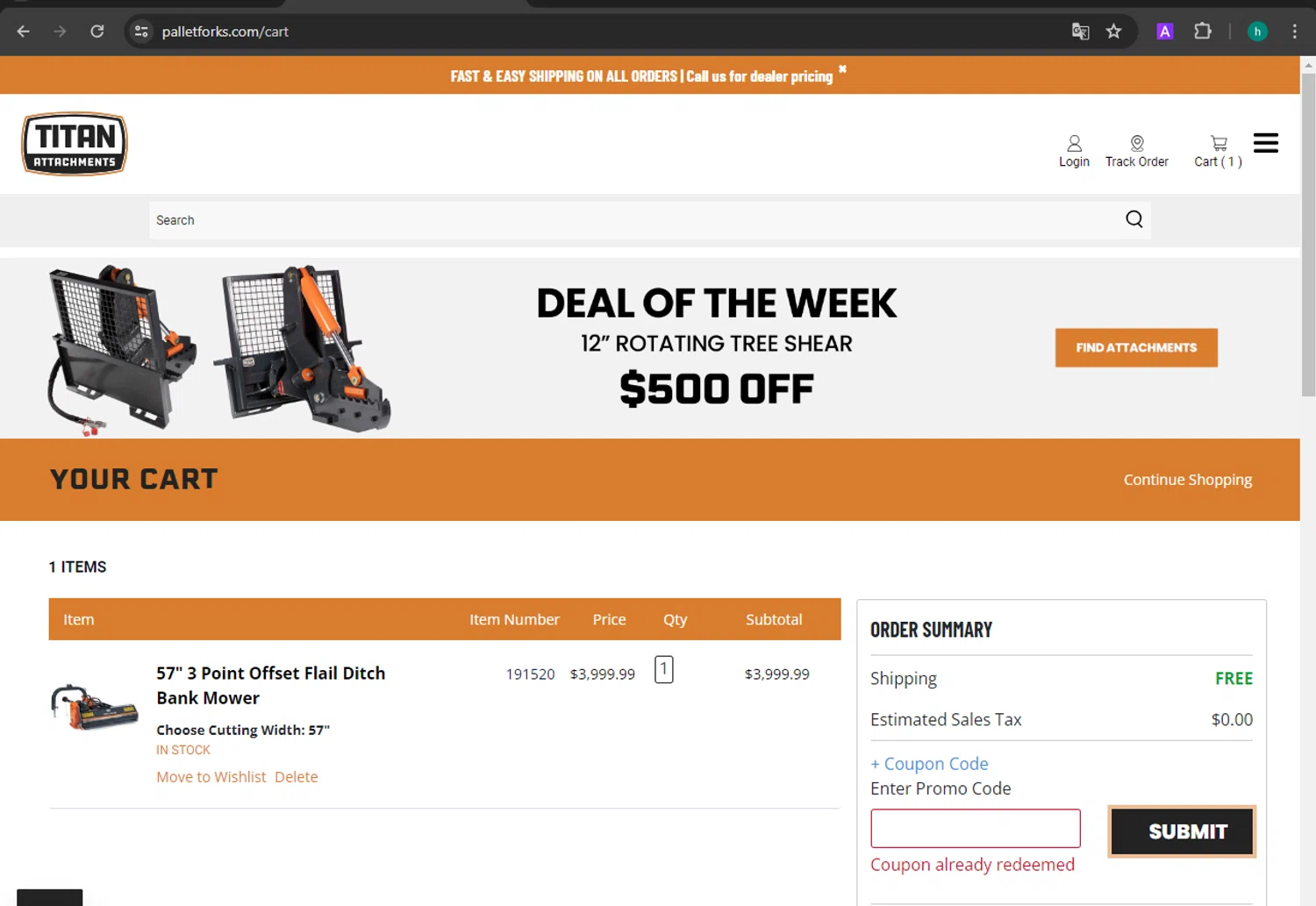 Pallet Forks checkout page showing Pallet Forks promo code box | Screenshot taken by SimplyCodes community member on Apr 23, 2024