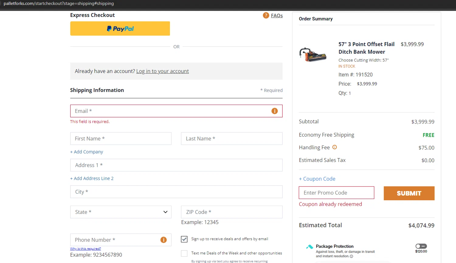 Pallet Forks checkout page showing Pallet Forks promo code box | Screenshot taken by SimplyCodes community member on Apr 22, 2024