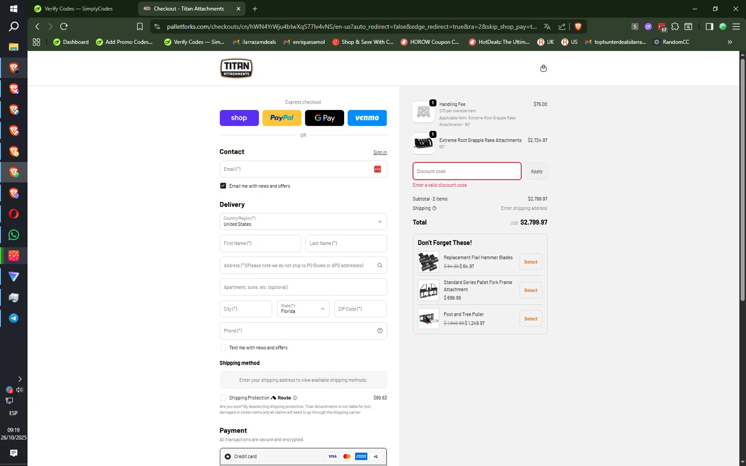 Pallet Forks promo code screenshot showing code EXTRA5 applied at Pallet Forks checkout page. Uploaded by SimplyCodes community member ilarrazaM5 on Oct 26, 2025