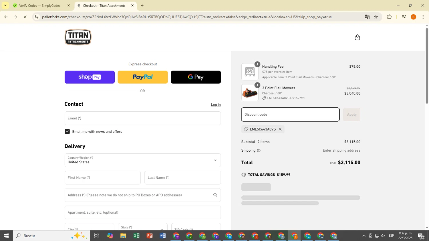 Pallet Forks checkout page showing Pallet Forks promo code box | Screenshot taken by SimplyCodes community member on Mar 22, 2025