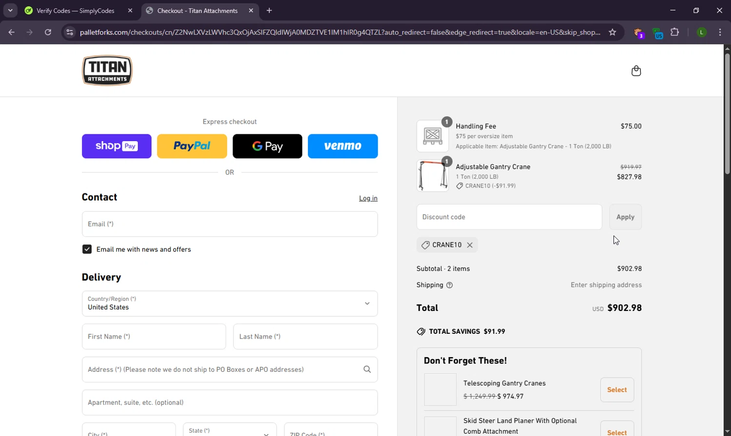 Pallet Forks checkout page showing Pallet Forks promo code box | Screenshot taken by SimplyCodes community member on Apr 3, 2025