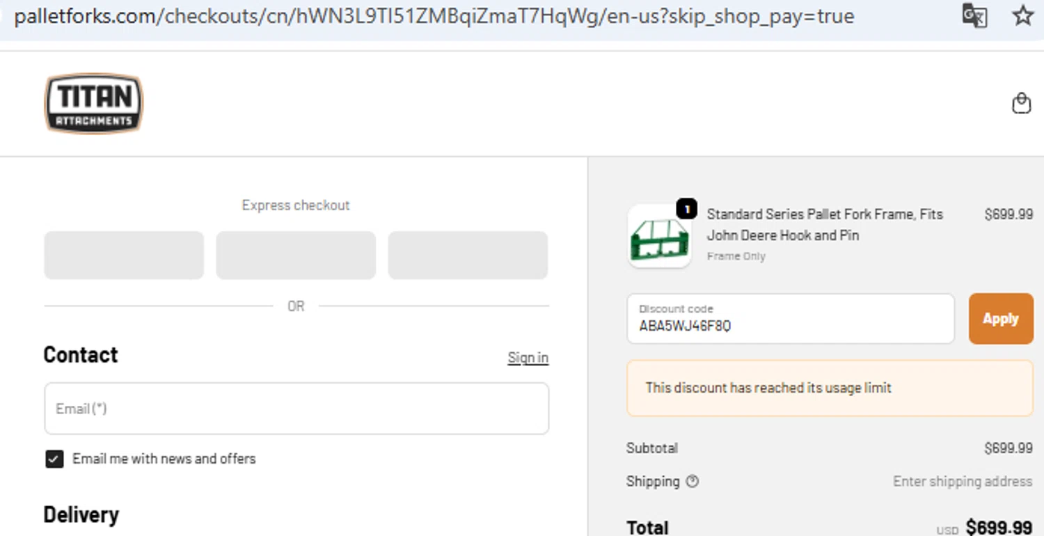 Pallet Forks promo code screenshot showing code ABA5WJ46F8Q applied at Pallet Forks checkout page. Uploaded by SimplyCodes community member PennyOwl2559 on Sep 24, 2025