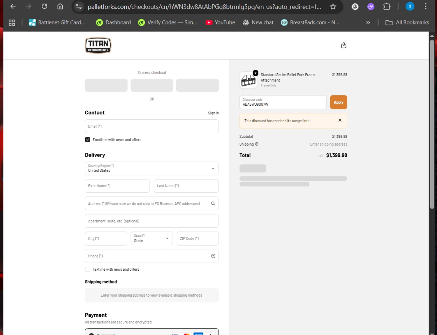 Pallet Forks promo code screenshot showing code ABA5WJ9O07W applied at Pallet Forks checkout page. Uploaded by SimplyCodes community member Giyuuu on Oct 2, 2025