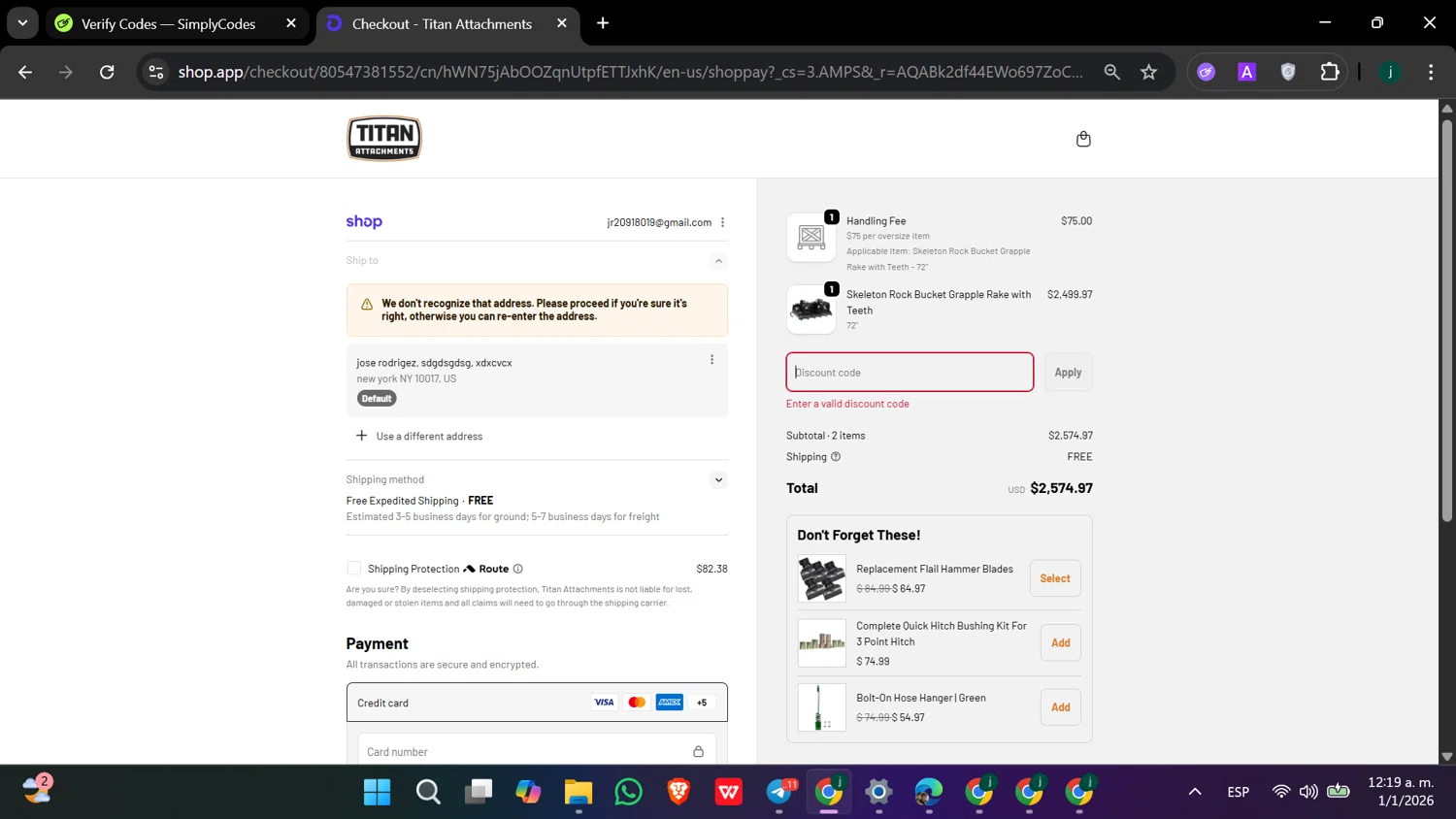 Pallet Forks promo code screenshot showing code CEO5GAILJ1O applied at Pallet Forks checkout page. Uploaded by SimplyCodes community member hanzell03 on Jan 1, 2026