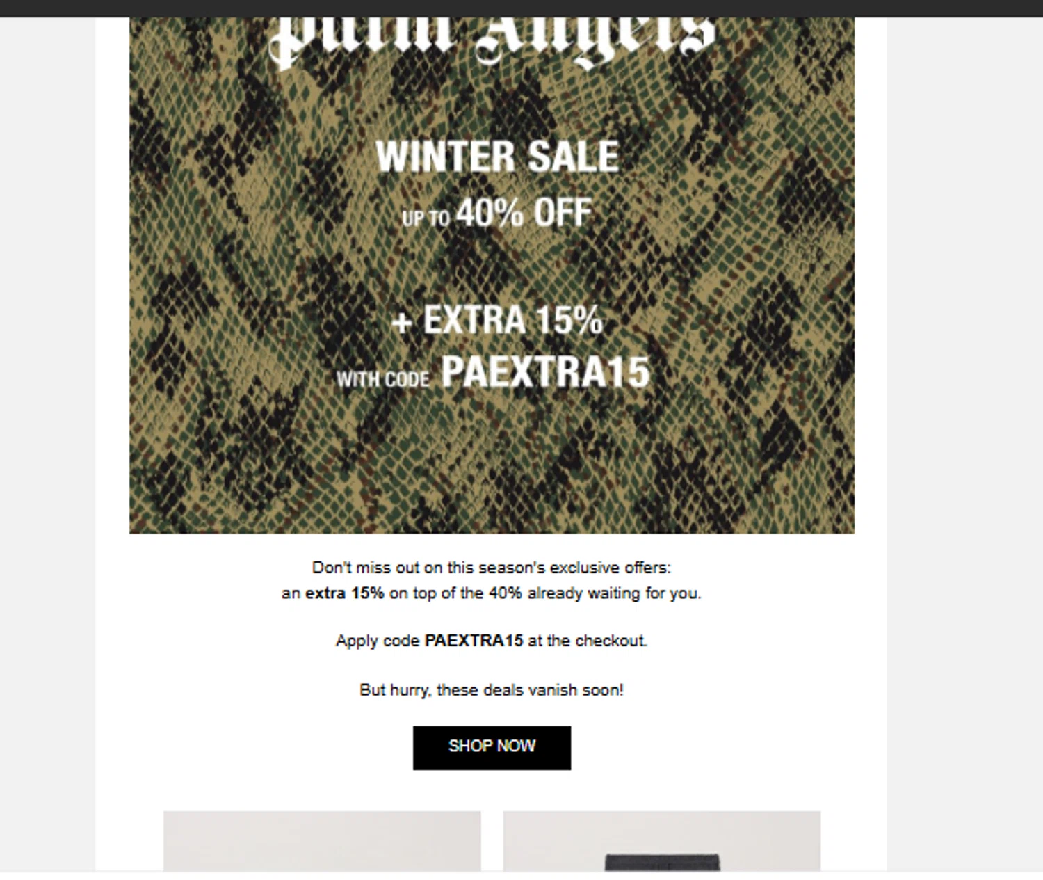 Palm Angels promo code screenshot showing code PAEXTRA15 applied at Palm Angels checkout page. Uploaded by SimplyCodes community member ______________ on Dec 23, 2025