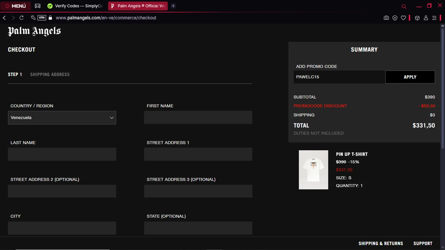 Palm Angels promo code screenshot showing code PAWELC15 applied at Palm Angels checkout page. Uploaded by SimplyCodes community member ExtraordinaryPioneer5969 on Mar 20, 2025