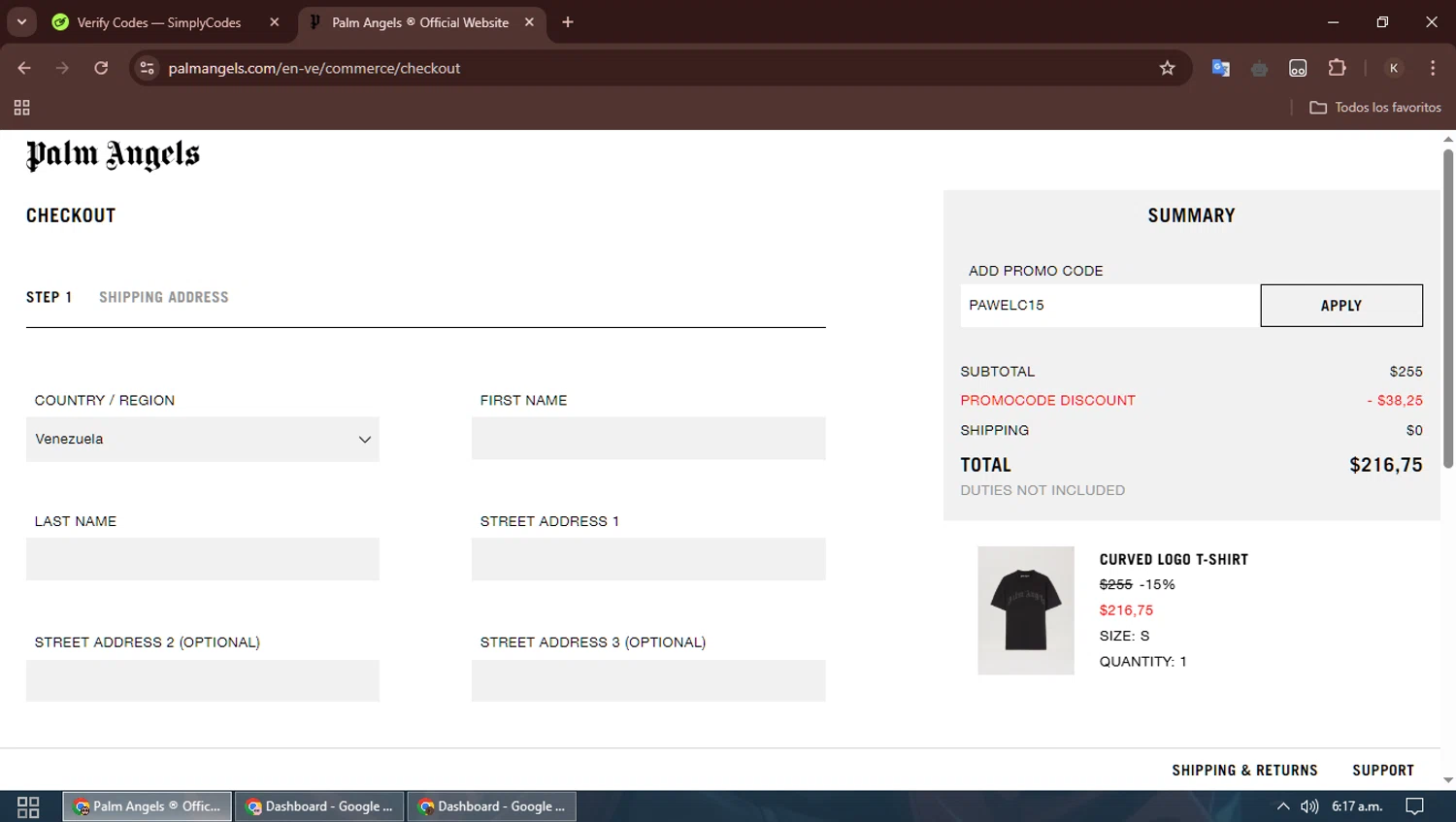 Palm Angels promo code screenshot showing code PAWELC15 applied at Palm Angels checkout page. Uploaded by SimplyCodes community member SavingsBoss991 on Apr 4, 2025