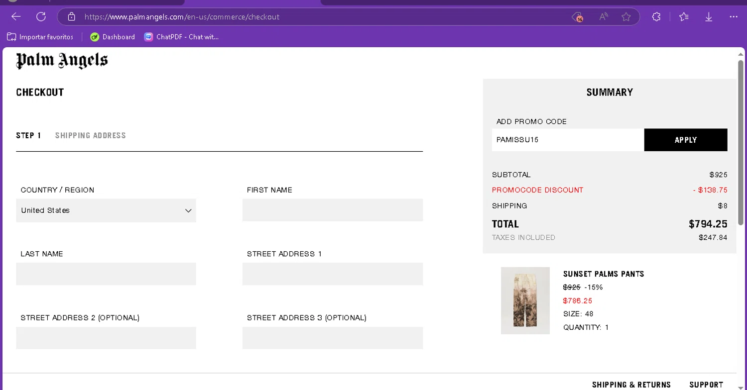 Palm Angels promo code screenshot showing code PAMISSU15 applied at Palm Angels checkout page. Uploaded by SimplyCodes community member FredoGodofredo on Apr 4, 2025