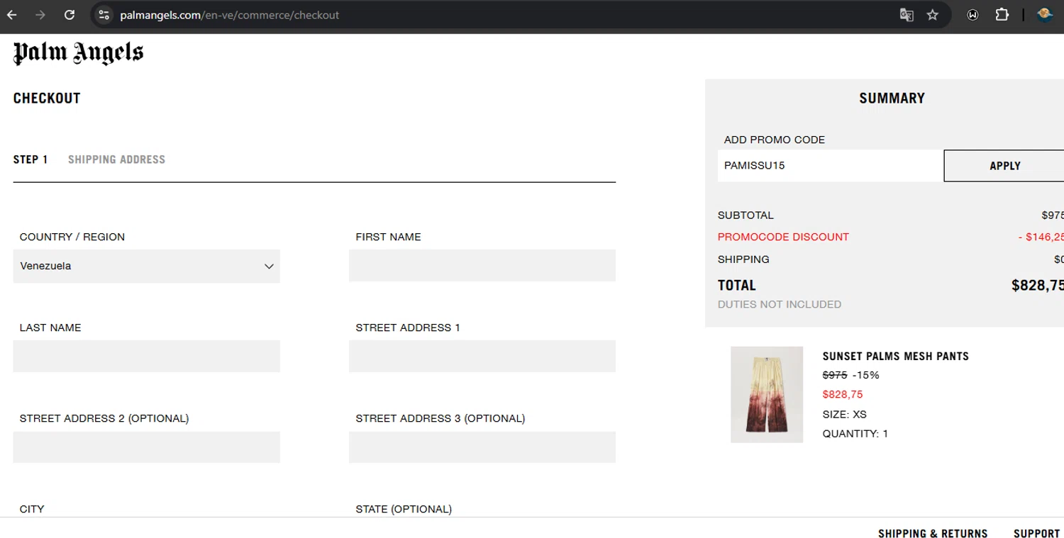 Palm Angels promo code screenshot showing code PAMISSU15 applied at Palm Angels checkout page. Uploaded by SimplyCodes community member RoyalSpotter5217 on Apr 4, 2025