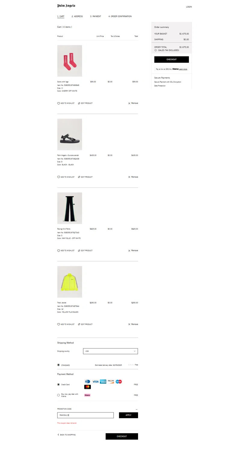 Palm Angels promo code screenshot showing code PAMISSU15 applied at Palm Angels checkout page. Uploaded by SimplyCodes community member BrilliantSleuth7740 on Apr 23, 2025