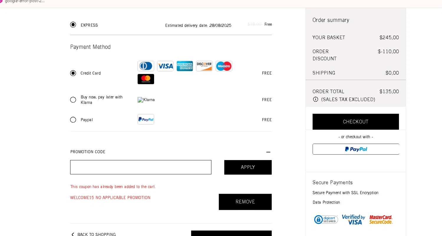Palm Angels promo code screenshot showing code WELCOME15 applied at Palm Angels checkout page. Uploaded by SimplyCodes community member DRINKI on Aug 23, 2025