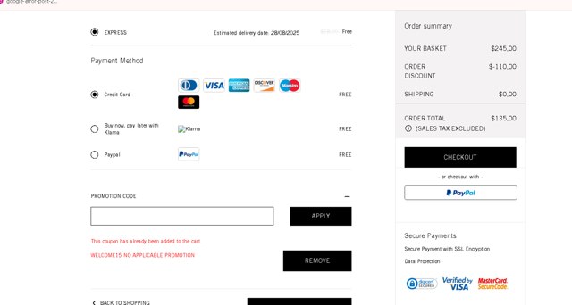 Palm Angels checkout page showing Palm Angels promo code box | Screenshot taken by SimplyCodes community member on Aug 23, 2025