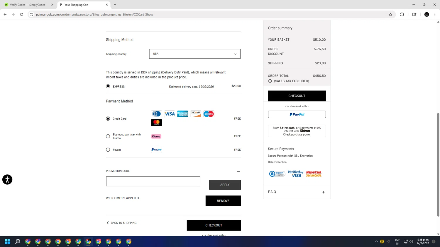 Palm Angels checkout page showing Palm Angels promo code box | Screenshot taken by SimplyCodes community member on Feb 14, 2026