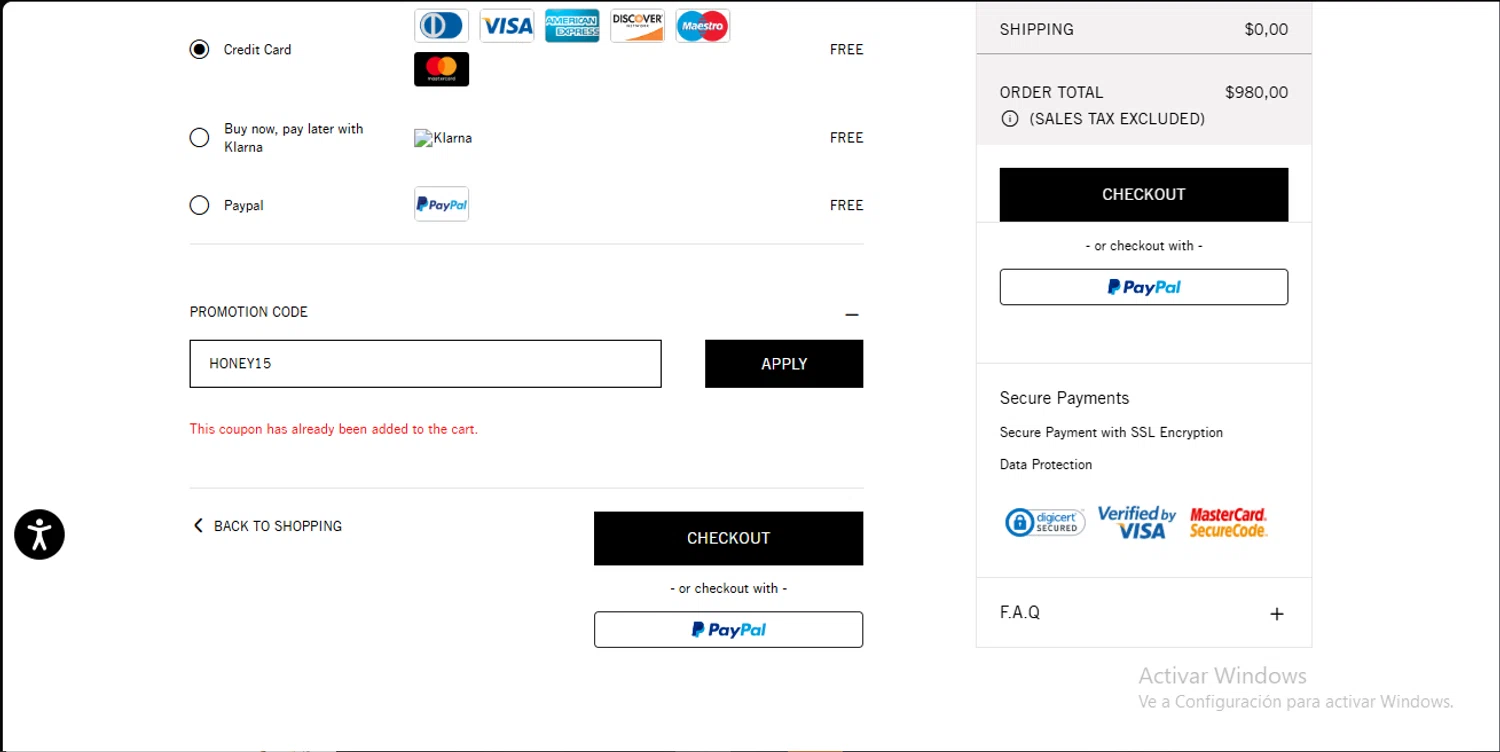 Palm Angels promo code screenshot showing code HONEY15 applied at Palm Angels checkout page. Uploaded by SimplyCodes community member RewardLynx9164 on Nov 5, 2025