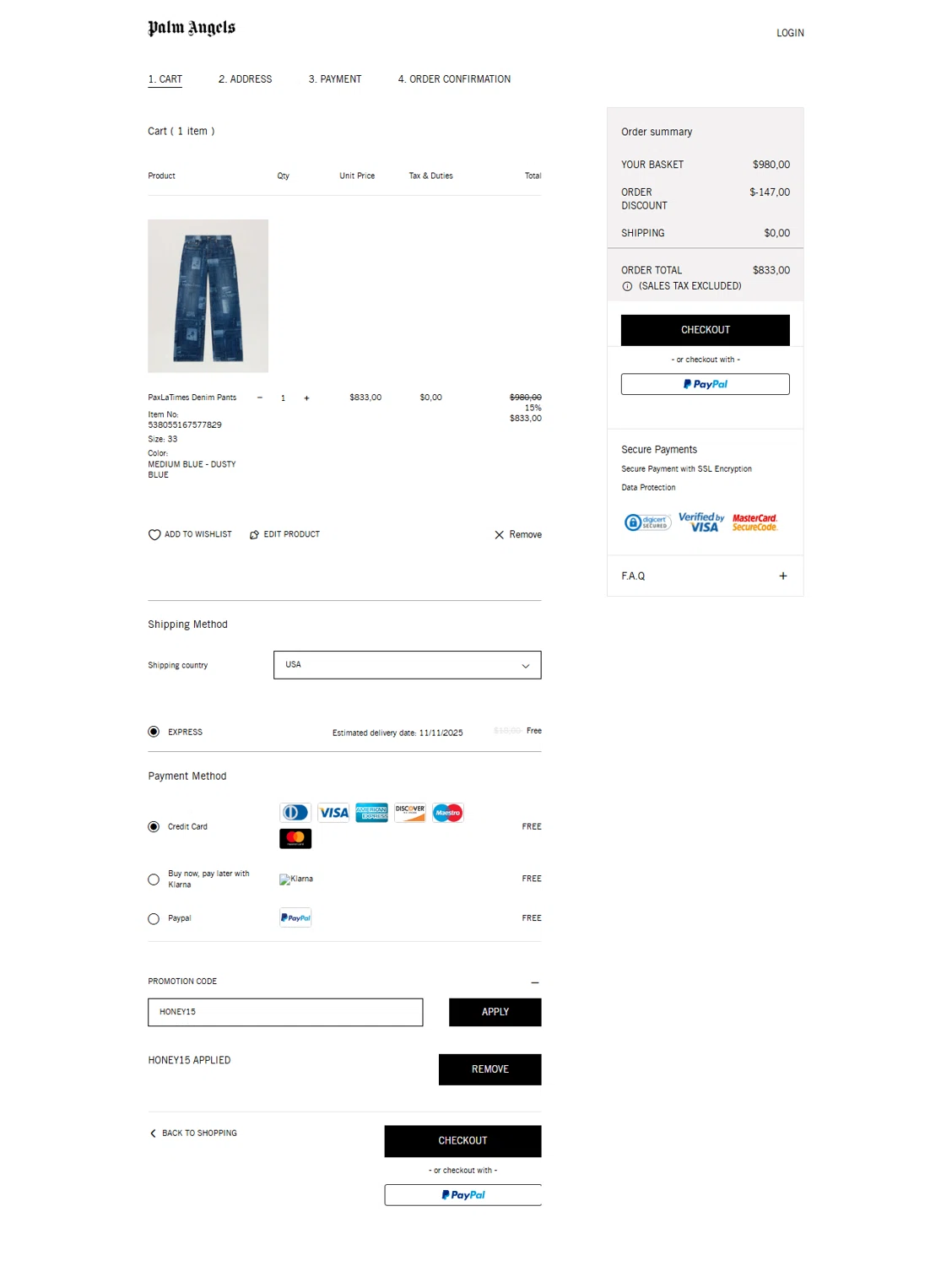 Palm Angels promo code screenshot showing code HONEY15 applied at Palm Angels checkout page. Uploaded by SimplyCodes community member TomaTuYukota on Nov 5, 2025