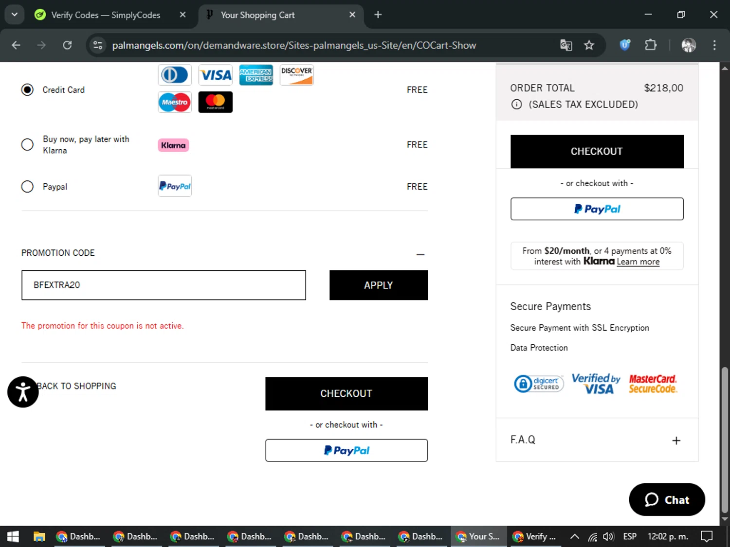 Palm Angels promo code screenshot showing code BFEXTRA20 applied at Palm Angels checkout page. Uploaded by SimplyCodes community member CleverLegend6607 on Dec 4, 2025