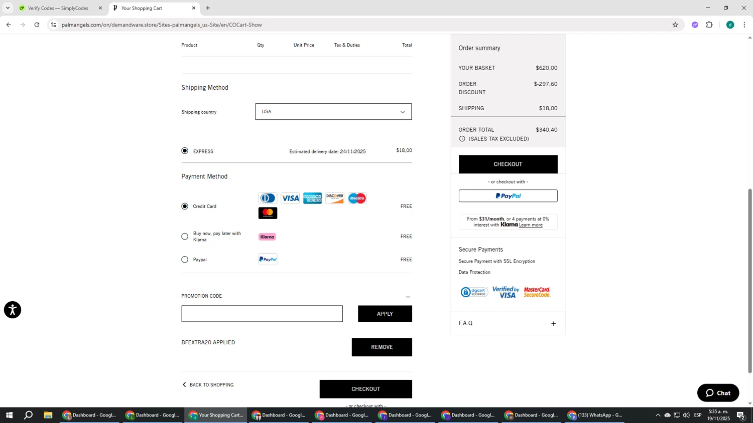Palm Angels checkout page showing Palm Angels promo code box | Screenshot taken by SimplyCodes community member on Nov 19, 2025