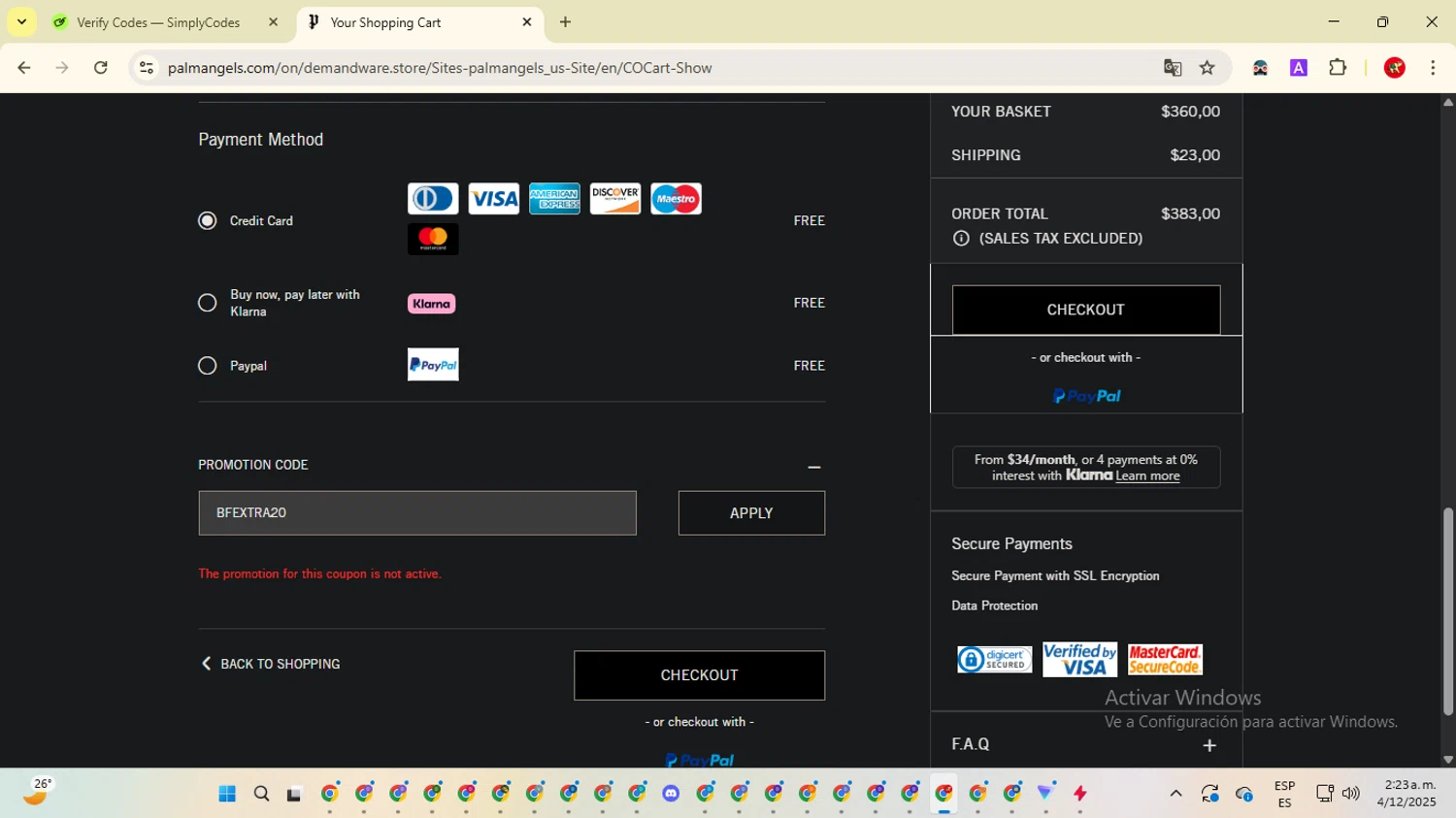 Palm Angels promo code screenshot showing code BFEXTRA20 applied at Palm Angels checkout page. Uploaded by SimplyCodes community member ShrewdCaptain2457 on Dec 4, 2025