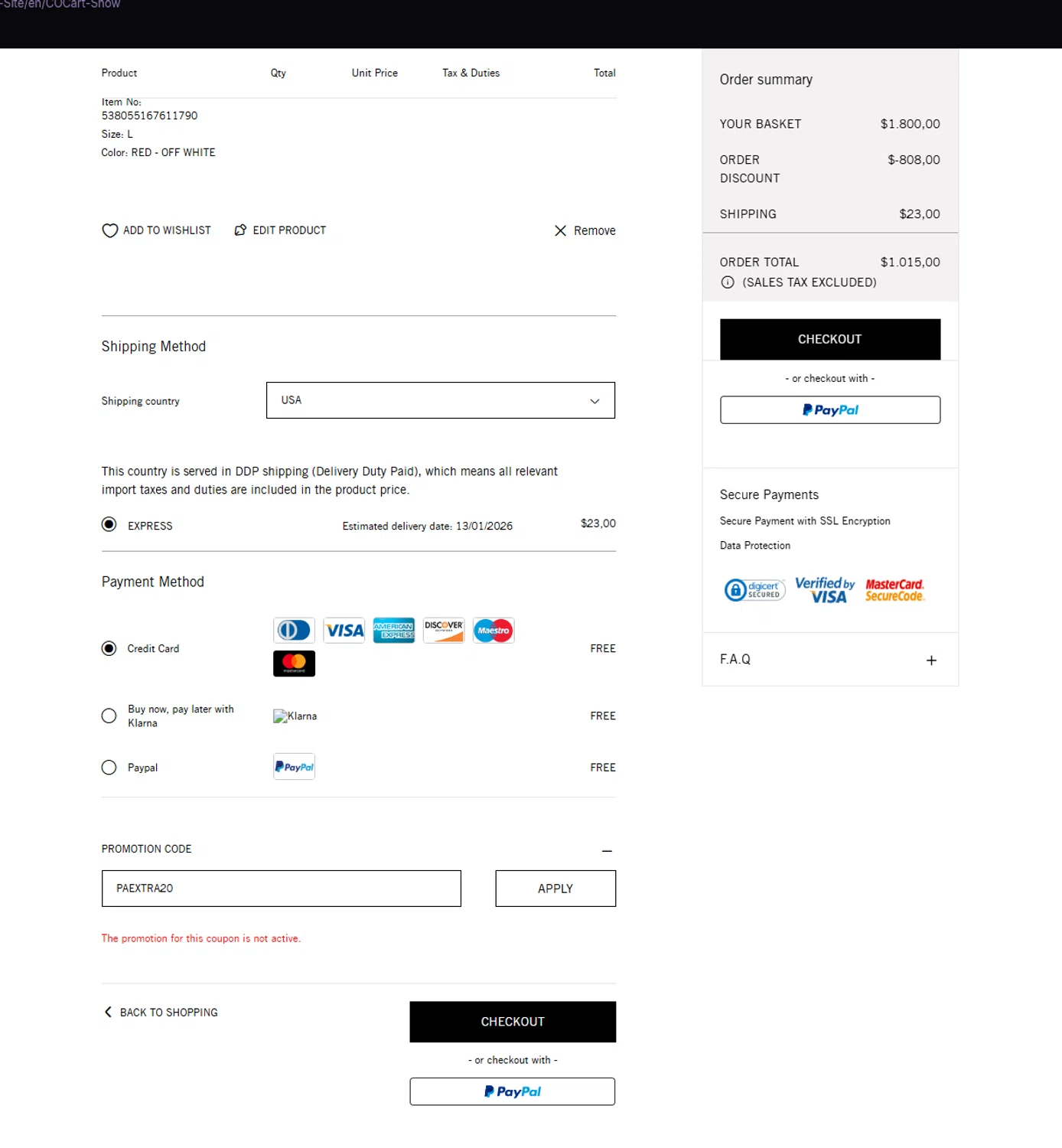 Palm Angels promo code screenshot showing code PAEXTRA20 applied at Palm Angels checkout page. Uploaded by SimplyCodes community member Billyyou on Jan 8, 2026