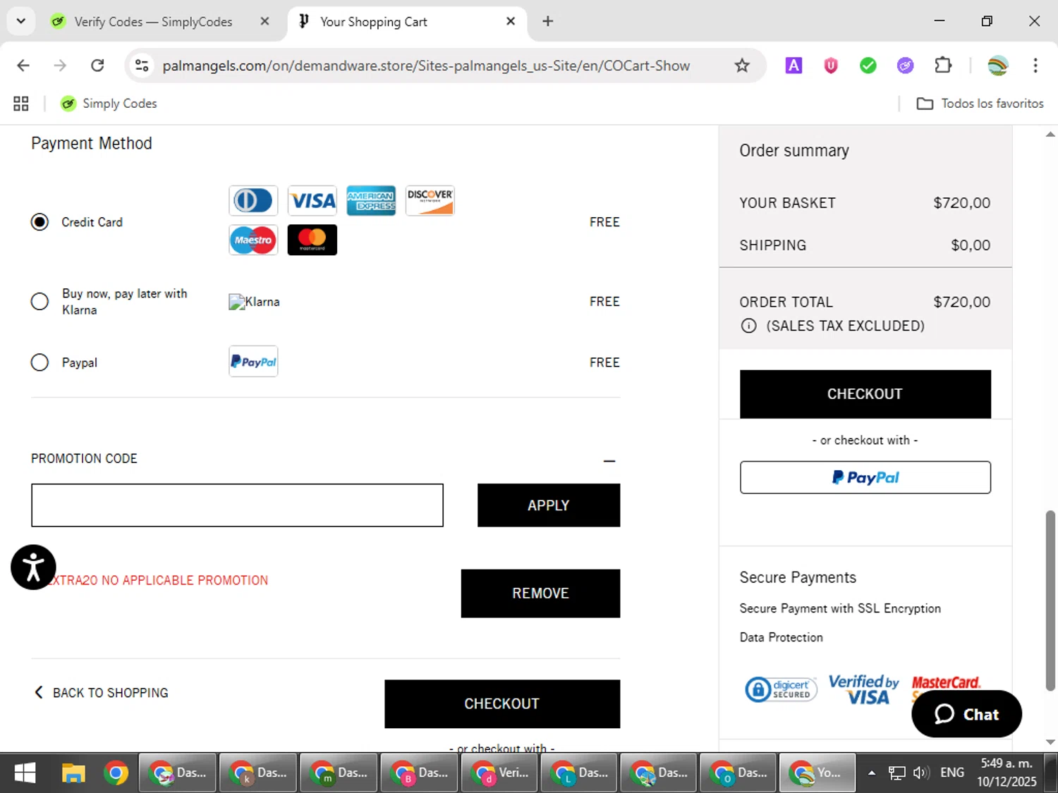 Palm Angels promo code screenshot showing code PAEXTRA20 applied at Palm Angels checkout page. Uploaded by SimplyCodes community member CoinMaven5220 on Dec 10, 2025