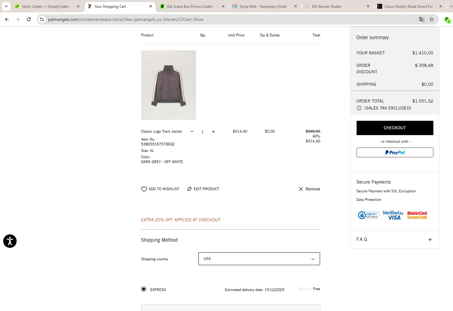 Palm Angels promo code screenshot showing code PAEXTRA20 applied at Palm Angels checkout page. Uploaded by SimplyCodes community member LAGUGU on Dec 10, 2025