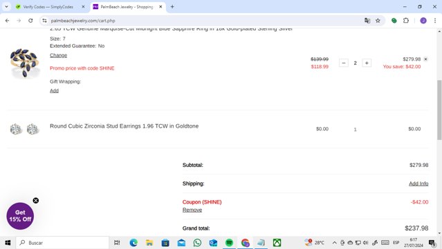 PalmBeach Jewelry checkout page showing PalmBeach Jewelry promo code box | Screenshot taken by SimplyCodes community member on Jul 27, 2024