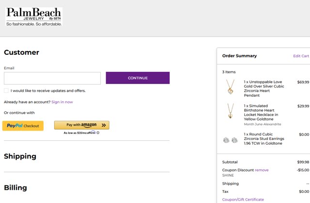 PalmBeach Jewelry checkout page showing PalmBeach Jewelry promo code box | Screenshot taken by SimplyCodes community member on May 11, 2025