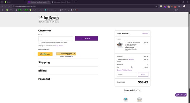PalmBeach Jewelry checkout page showing PalmBeach Jewelry promo code box | Screenshot taken by SimplyCodes community member on May 25, 2025