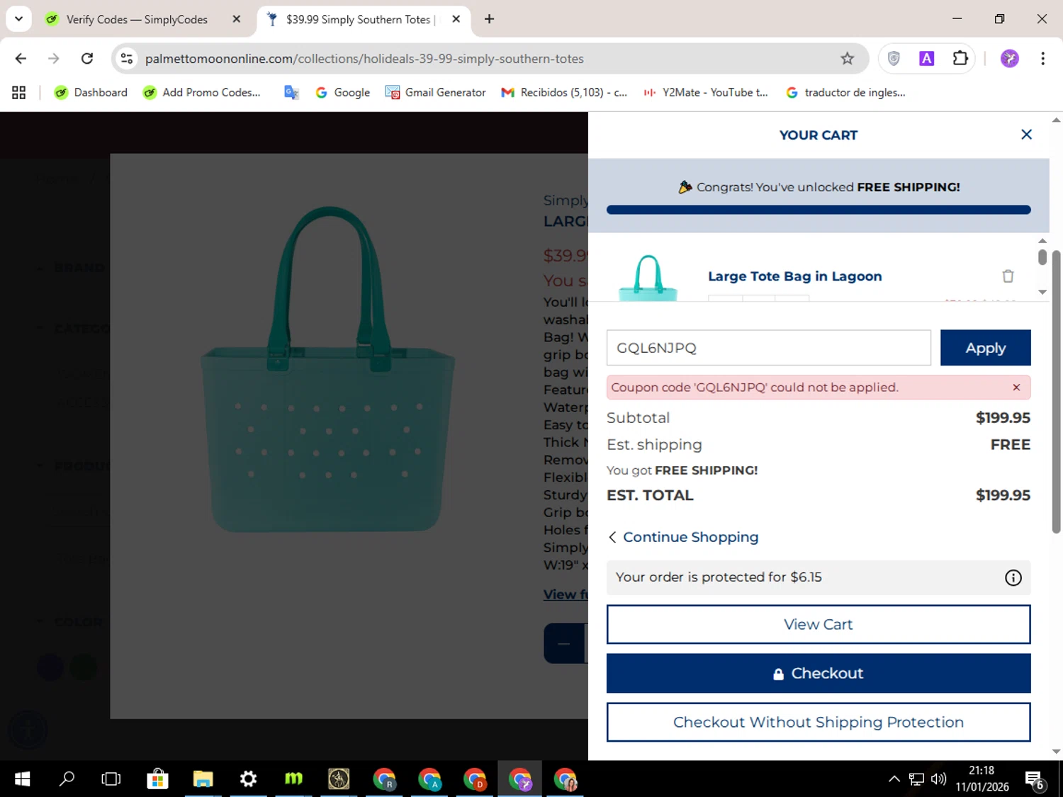 Palmetto Moon promo code screenshot showing code GQL6NJPQ applied at Palmetto Moon checkout page. Uploaded by SimplyCodes community member CouponSentinel5832 on Jan 12, 2026