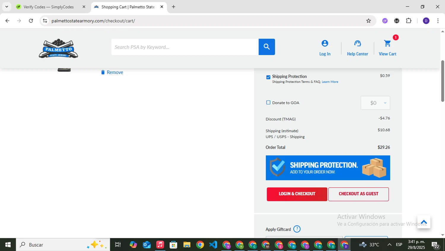 Palmetto State Armory promo code screenshot showing code TMAG applied at Palmetto State Armory checkout page. Uploaded by SimplyCodes community member PrimeNavigator3251 on Aug 29, 2025