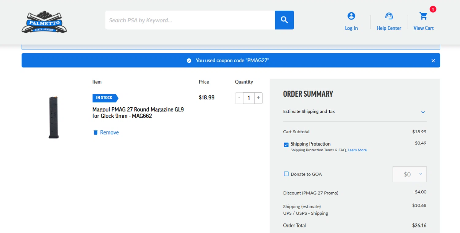 Palmetto State Armory promo code screenshot showing code PMAG27 applied at Palmetto State Armory checkout page. Uploaded by SimplyCodes community member PaulSkenes on Jun 18, 2026