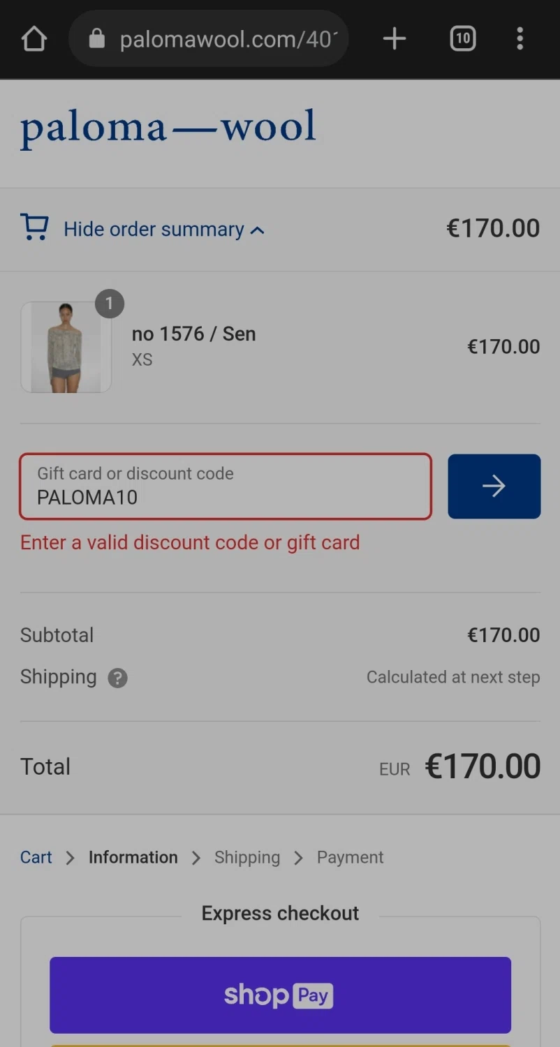 Paloma Wool checkout page showing Paloma Wool discount code box | Screenshot taken by SimplyCodes community member on Mar 31, 2023