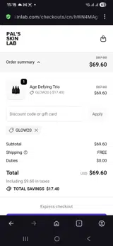 Glow20 coupon verification screenshot