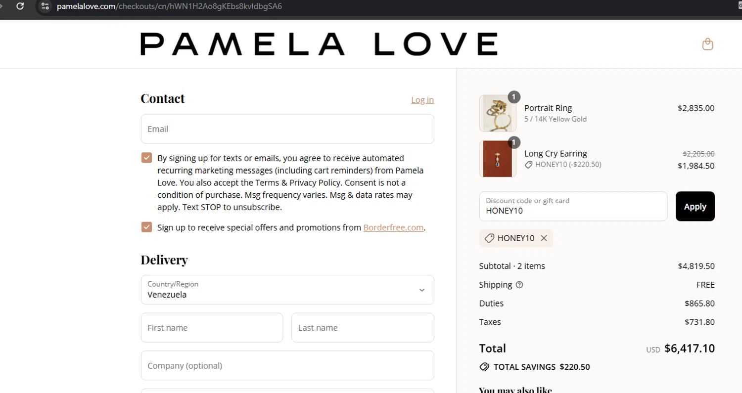 Pamela Love discount code screenshot showing code HONEY10 applied at Pamela Love checkout page. Uploaded by SimplyCodes community member Limon02 on Jul 31, 2025