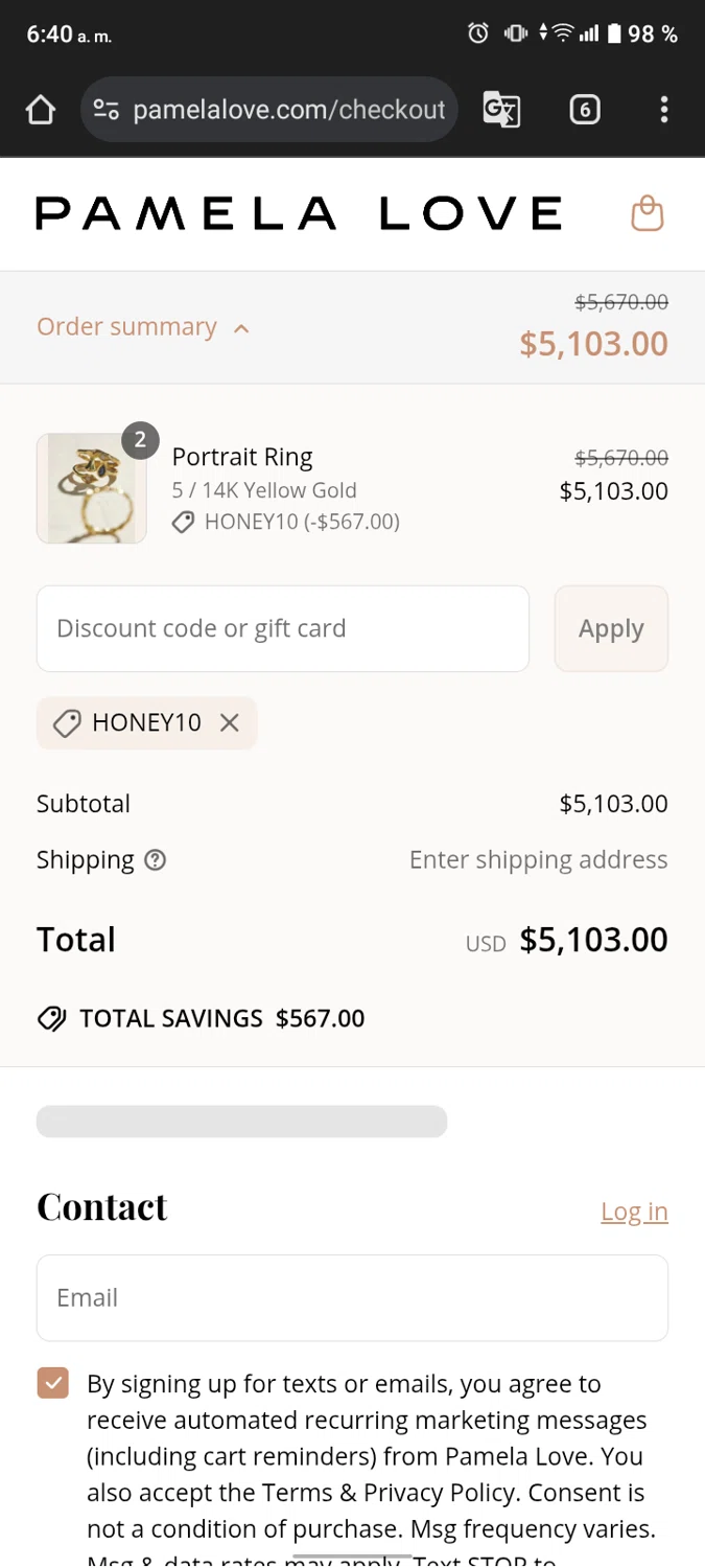 Pamela Love discount code screenshot showing code HONEY10 applied at Pamela Love checkout page. Uploaded by SimplyCodes community member Bjhfuhdf on Apr 5, 2025